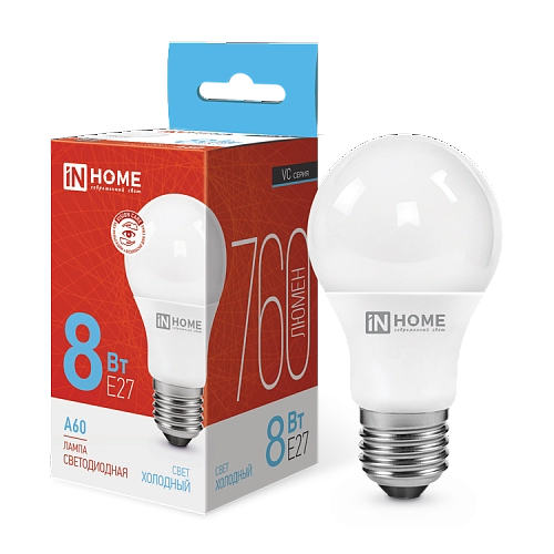Лампа светодиодная LED-A60-VC 8Вт 230В Е27 6500К 760Лм IN HOME